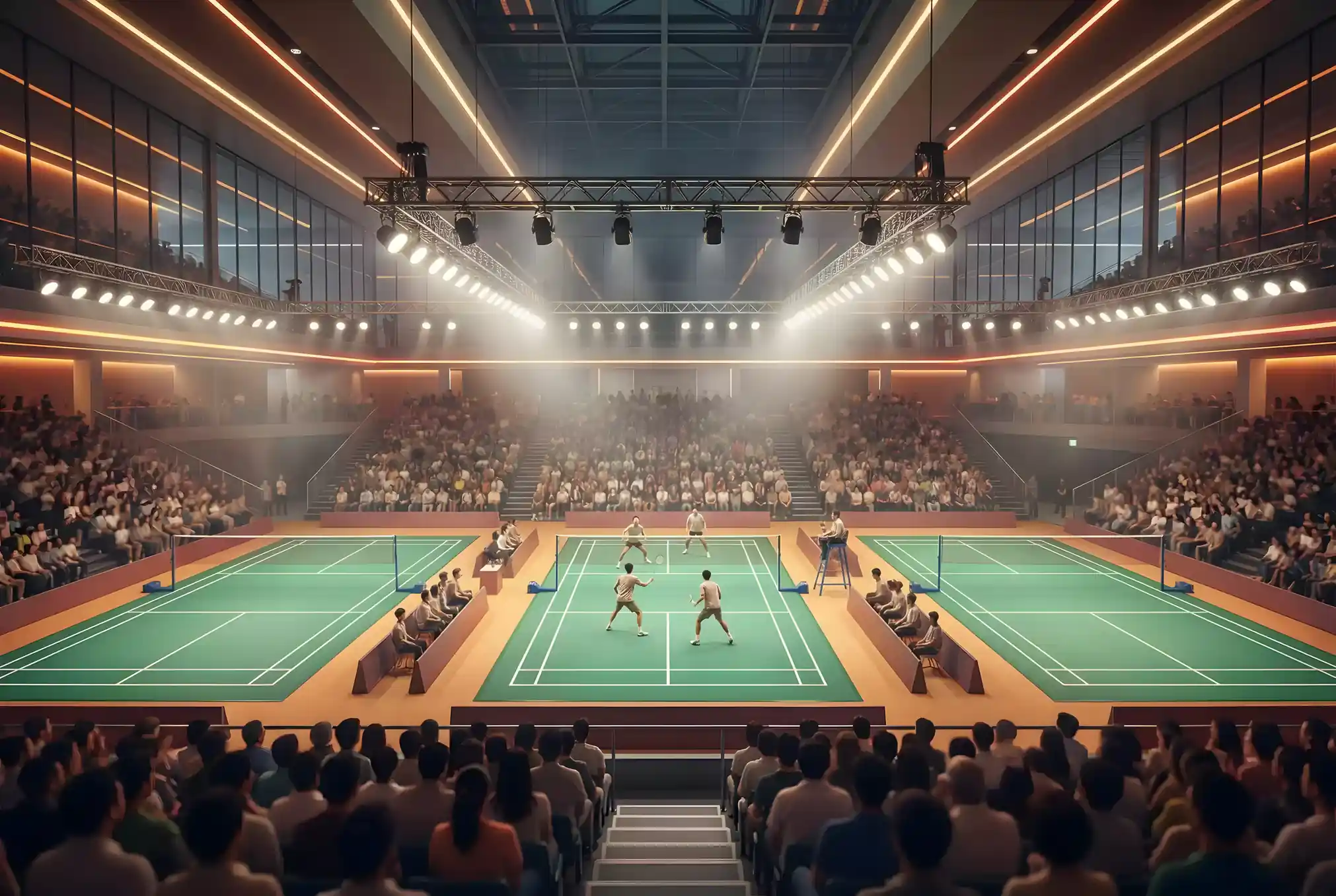 Asiatisches Badminton — Spieler bei einem internationalen Turnier in einer großen Halle in Asien