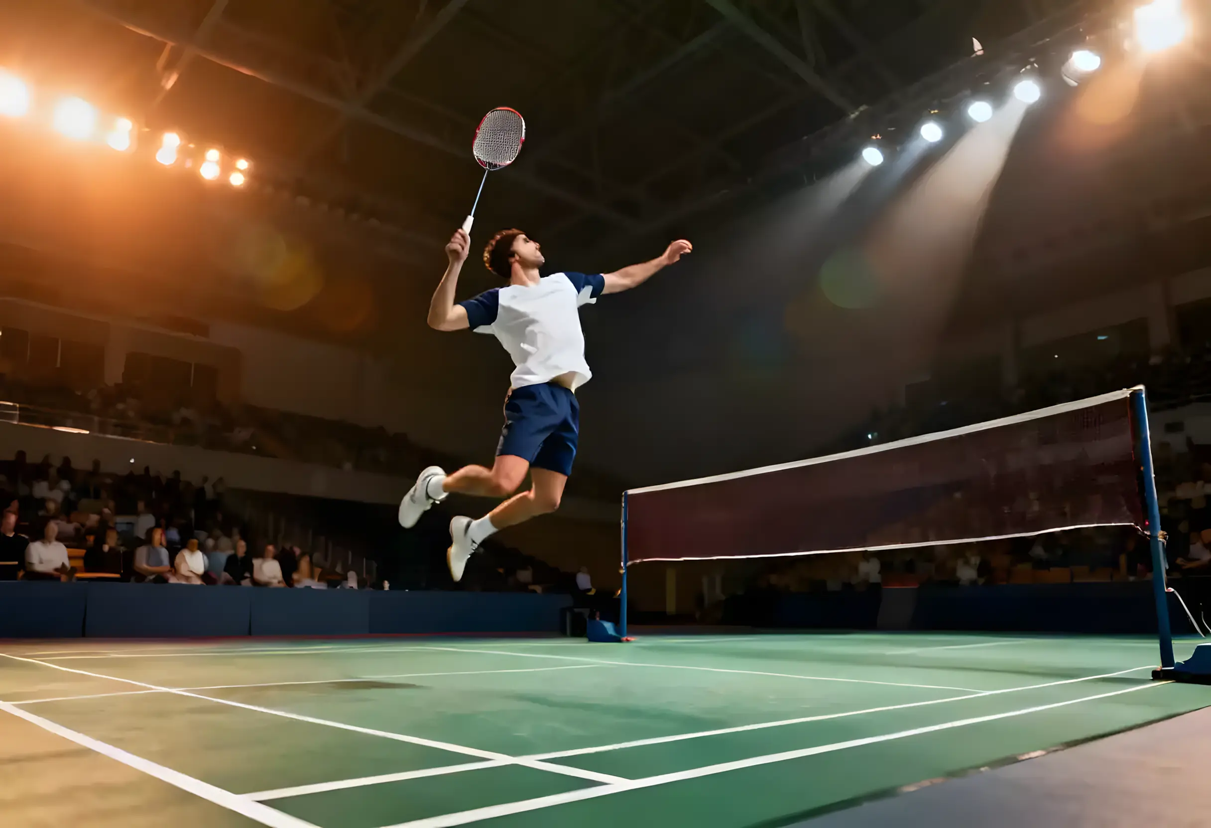 Badminton-Spieler beim Smash unter Flutlicht auf internationalem Turnier-Court