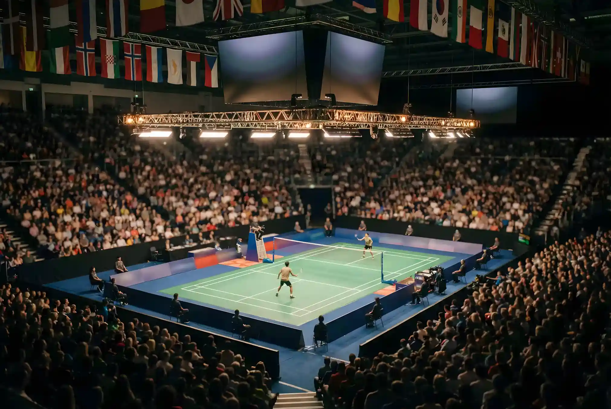 Badminton Turniere — Blick in eine volle Turnierhalle bei einem BWF-Event