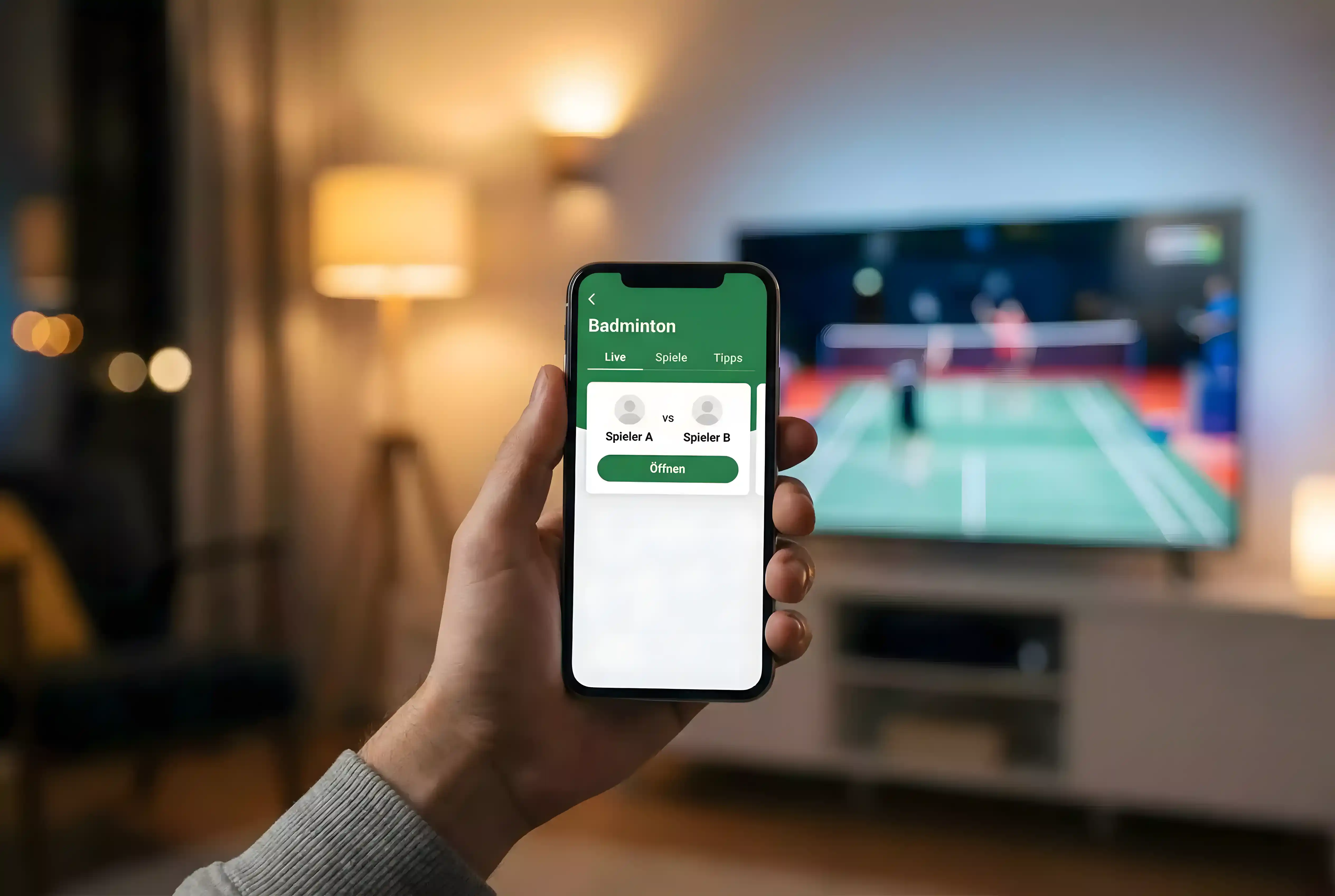Badminton Wetten App — Smartphone in der Hand mit Sportübertragung im Hintergrund