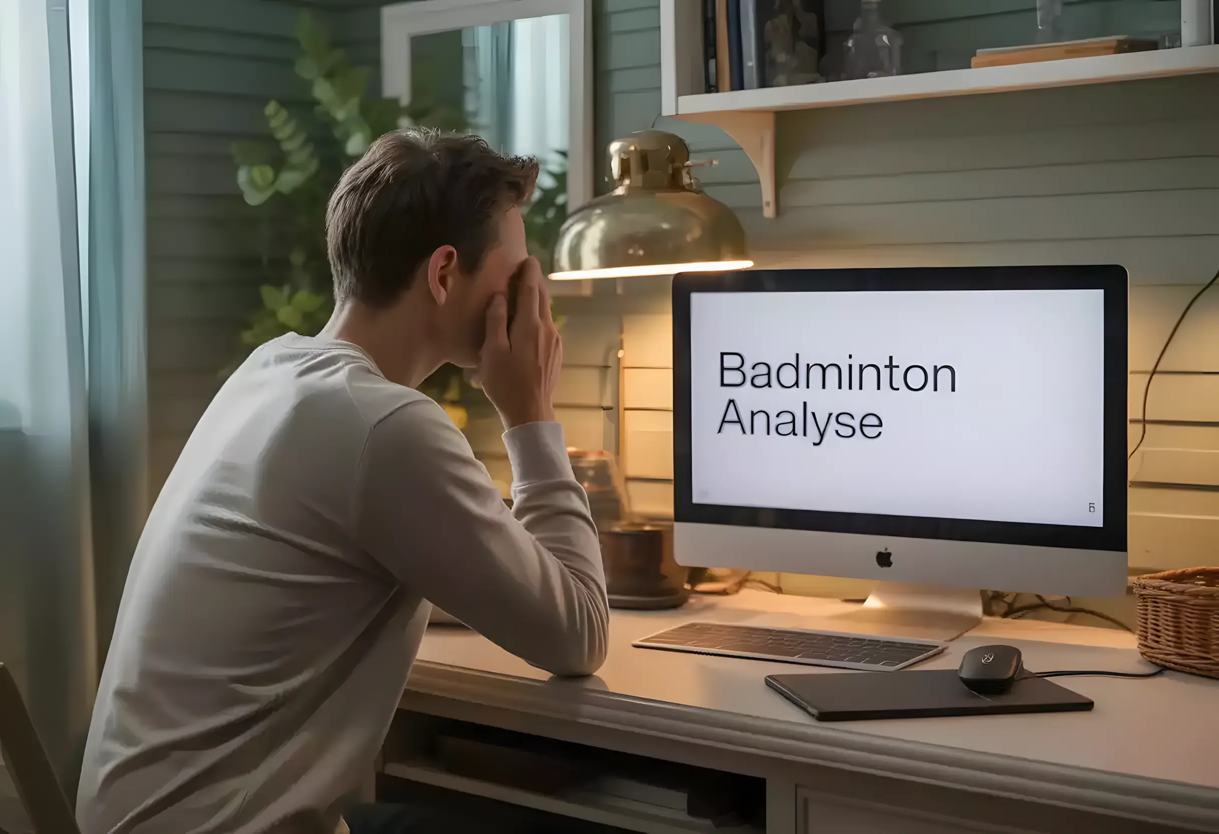 Person analysiert Badminton-Spielerstatistiken und Head-to-Head-Daten auf einem Laptop