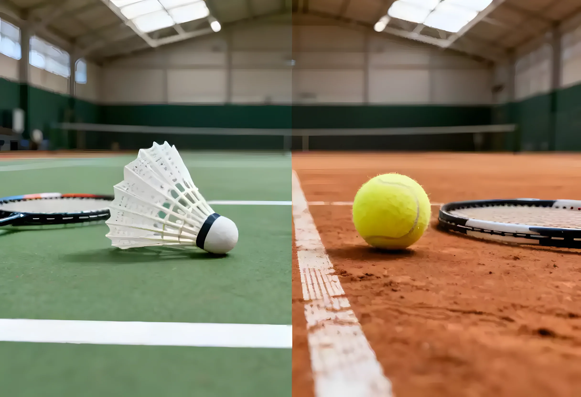 Badminton-Netz und Federball neben Tennis-Ausrüstung als Vergleich der Racketsportarten