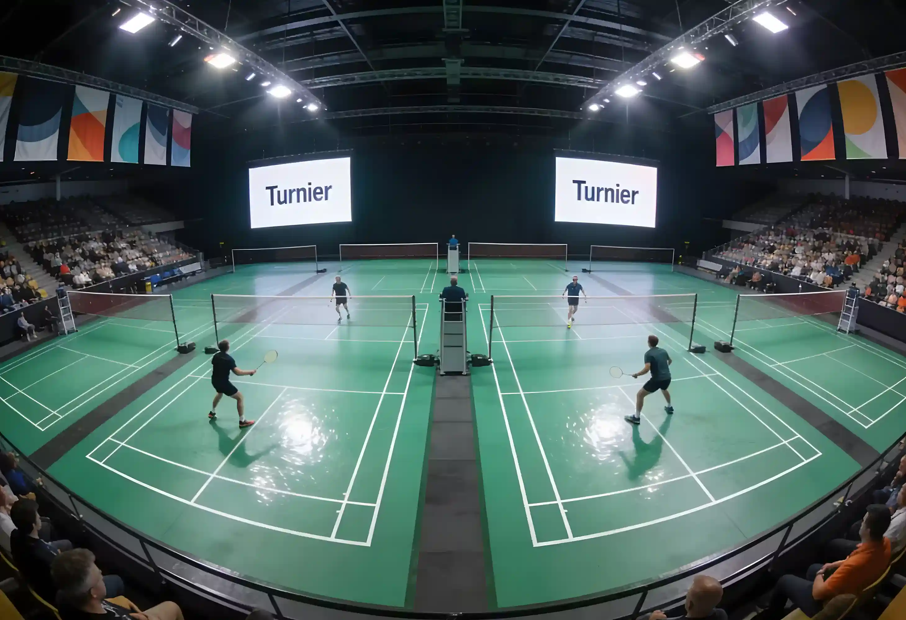 Badminton-Arena bei einem BWF World Tour Turnier mit Zuschauern und Flutlicht